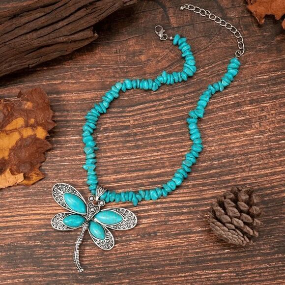 Turquoise Antique Silver-Plated Dragonfly Pendant Necklace - Picture 5 of 5